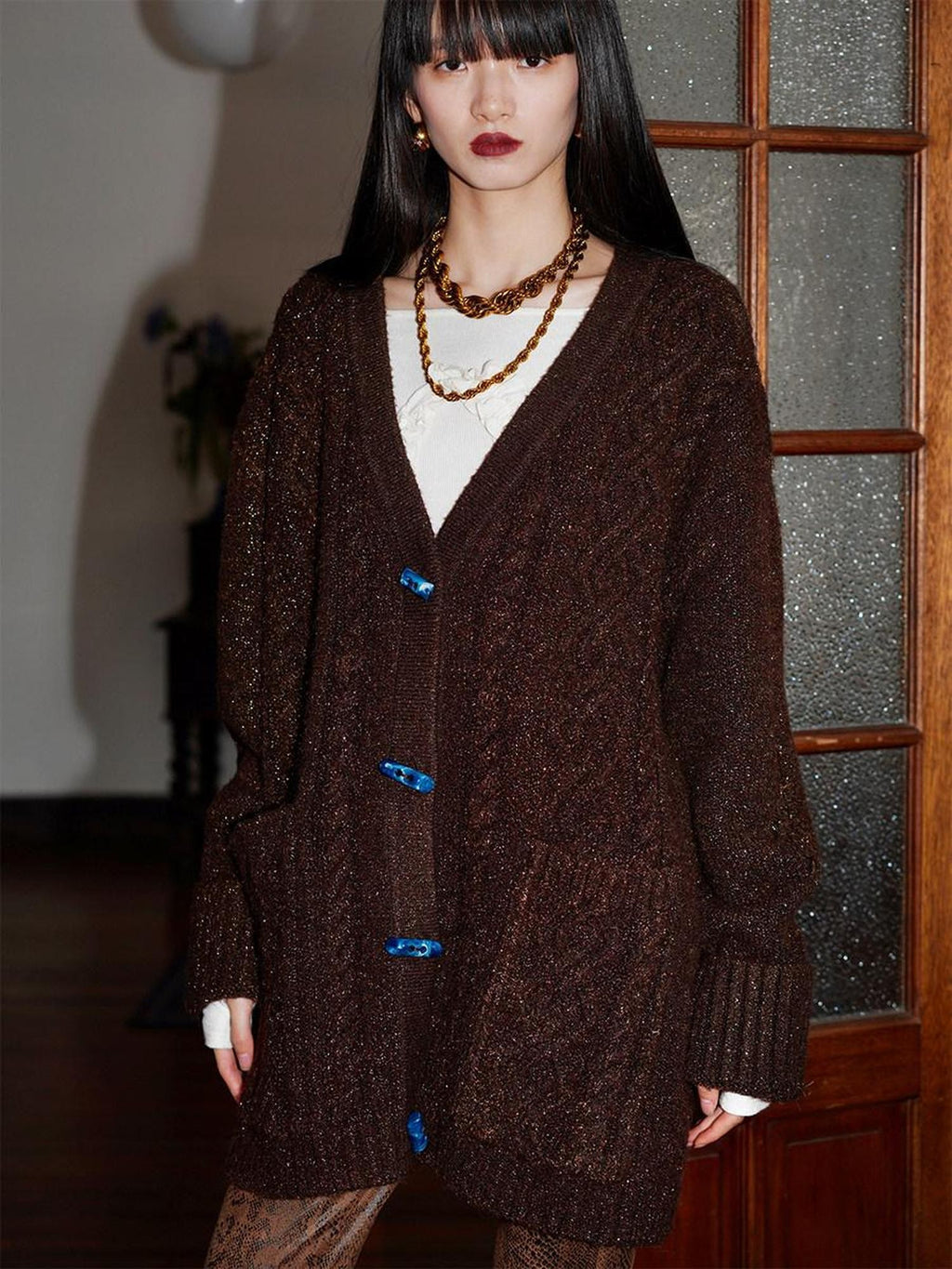 badtaste Western Special Yarn Shimmer Loose Round Neck Women's Knit Button-up Cardigans