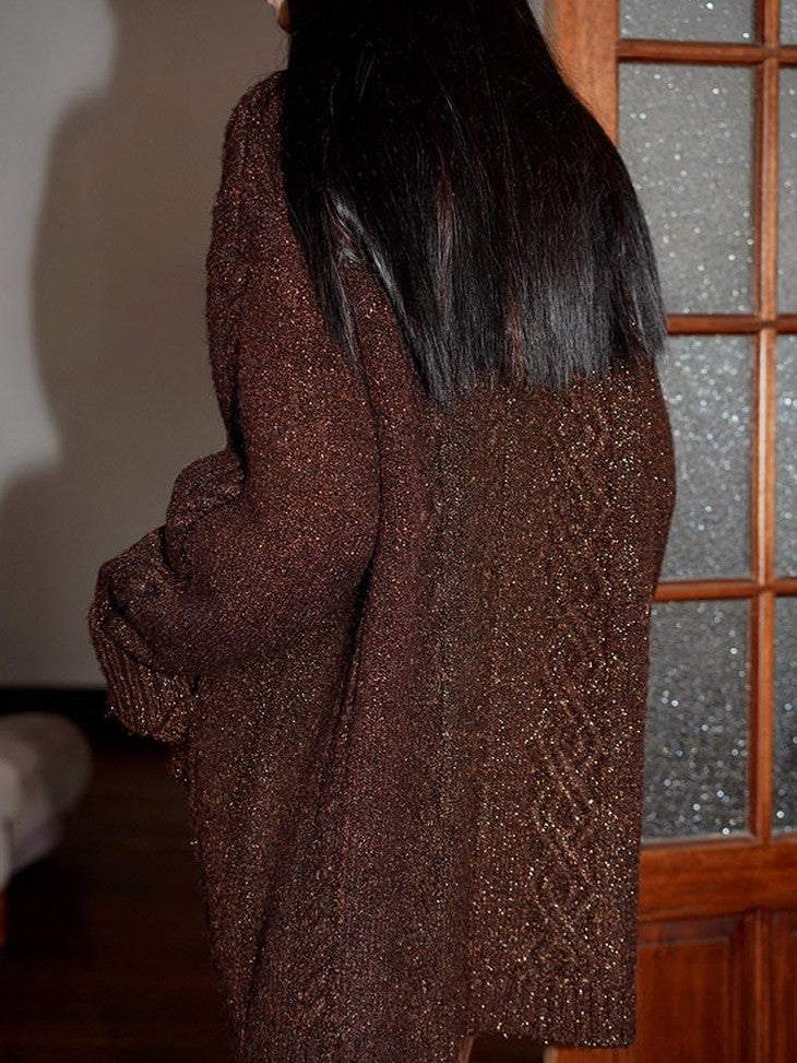 badtaste Western Special Yarn Shimmer Loose Round Neck Women's Knit Button-up Cardigans