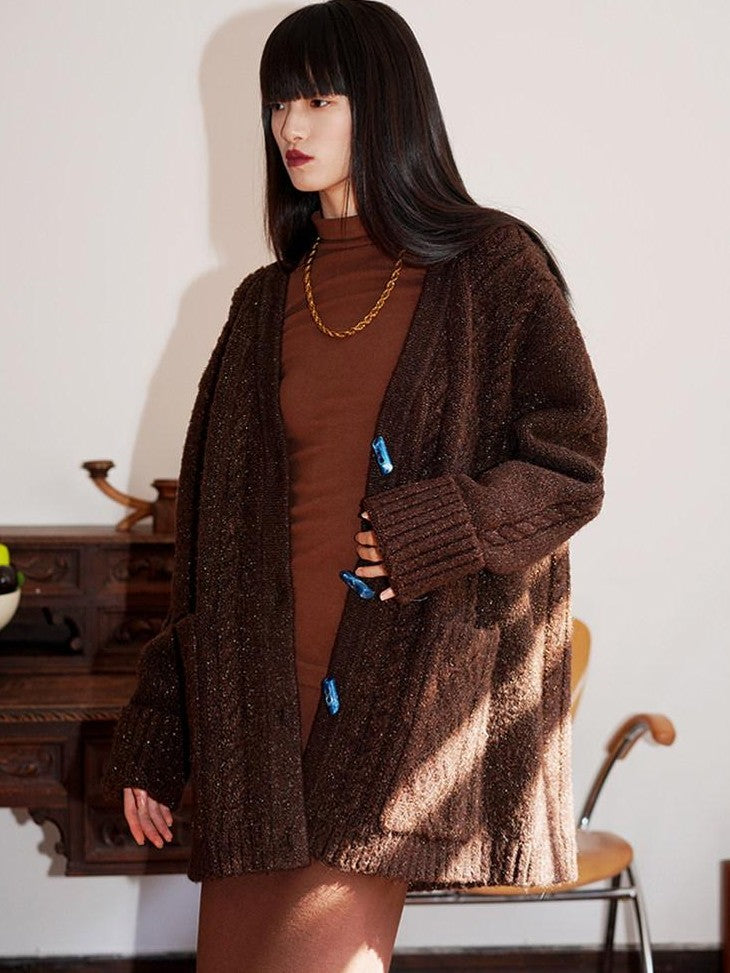 badtaste Western Special Yarn Shimmer Loose Round Neck Women's Knit Button-up Cardigans