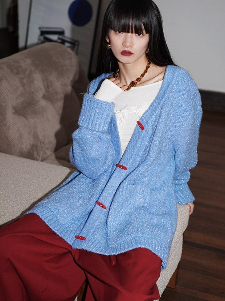 badtaste Western Special Yarn Shimmer Loose Round Neck Women's Knit Button-up Cardigans