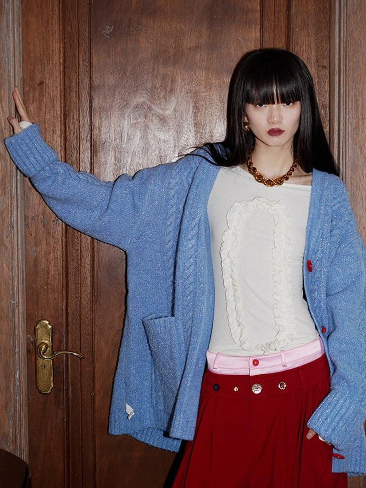 badtaste Western Special Yarn Shimmer Loose Round Neck Women's Knit Button-up Cardigans