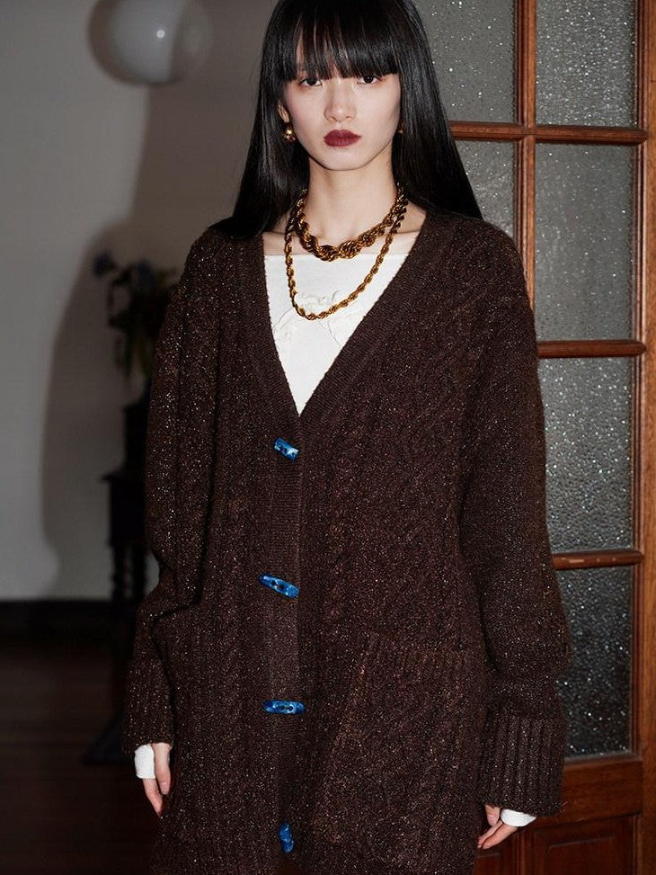 badtaste Western Special Yarn Shimmer Loose Round Neck Women's Knit Button-up Cardigans