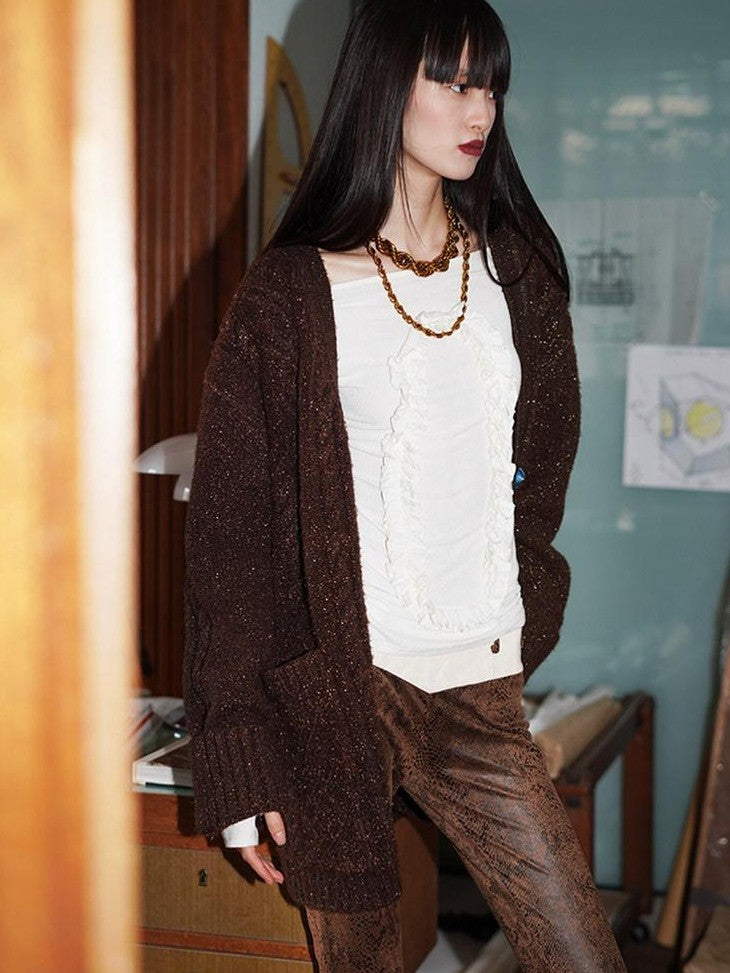 badtaste Western Special Yarn Shimmer Loose Round Neck Women's Knit Button-up Cardigans