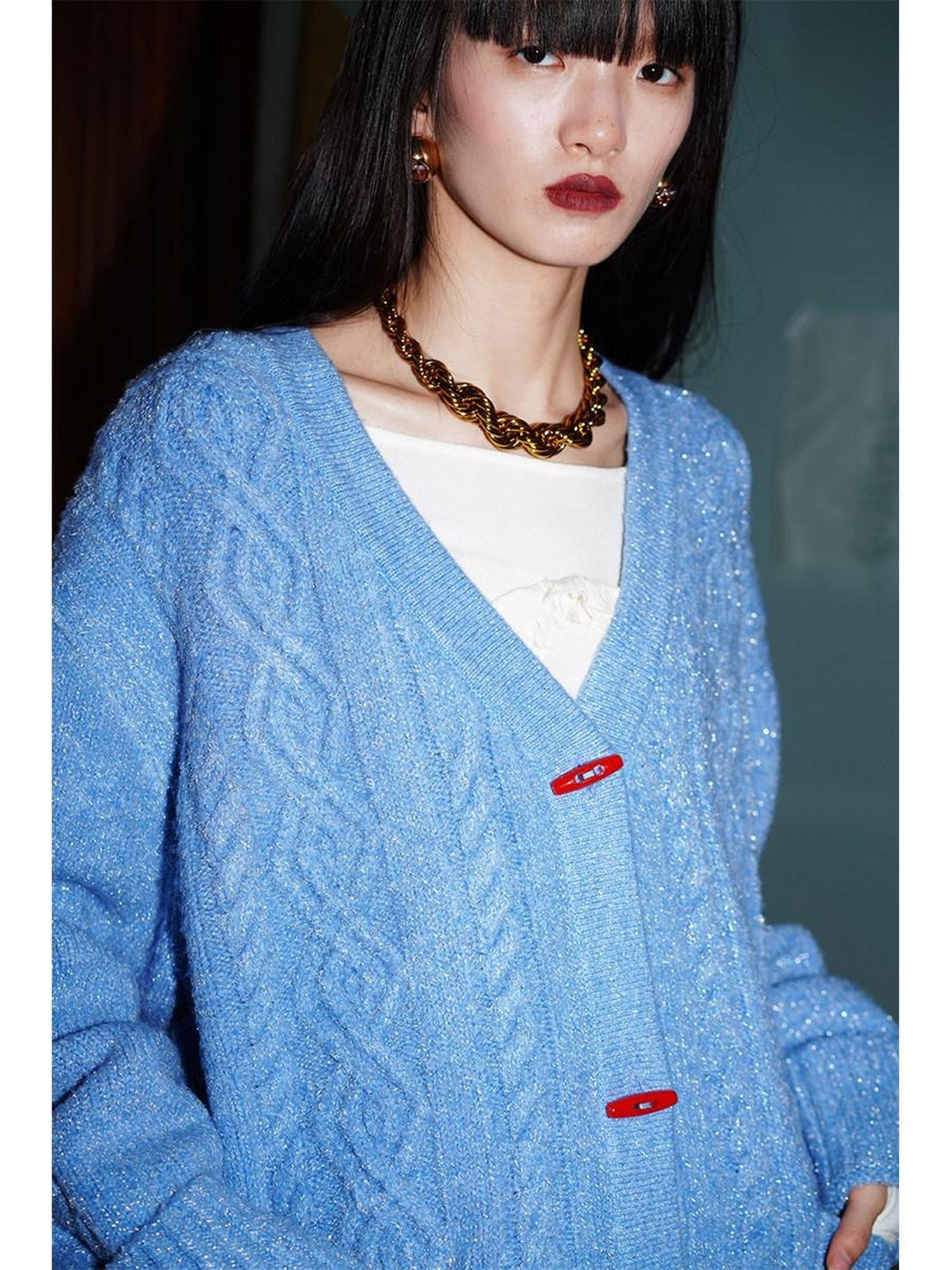 badtaste Western Special Yarn Shimmer Loose Round Neck Women's Knit Button-up Cardigans