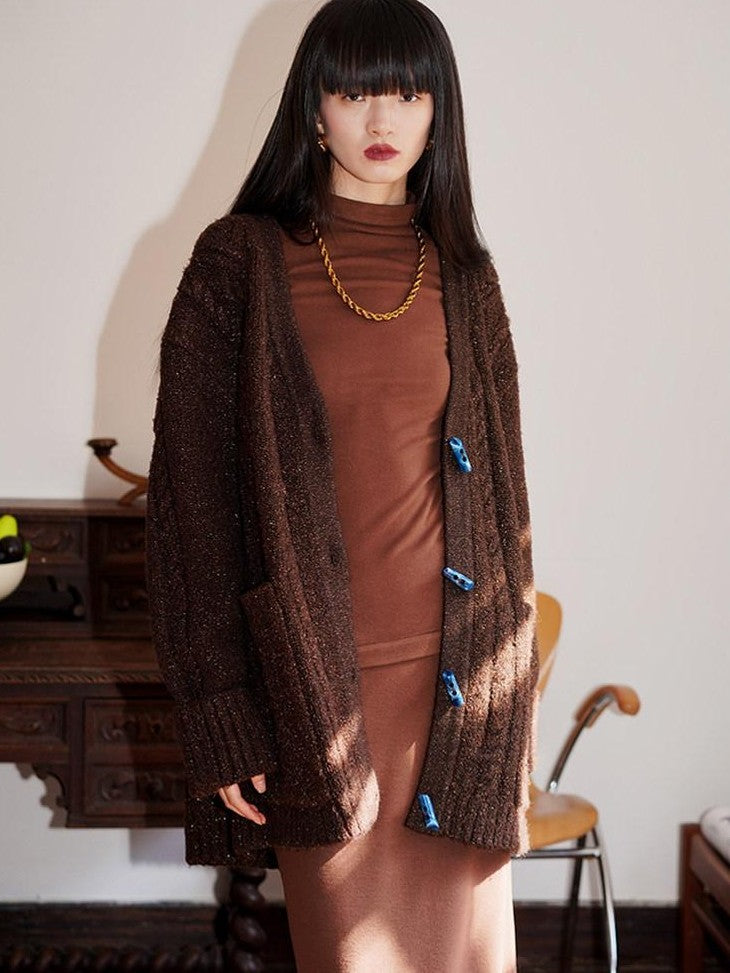 badtaste Western Special Yarn Shimmer Loose Round Neck Women's Knit Button-up Cardigans