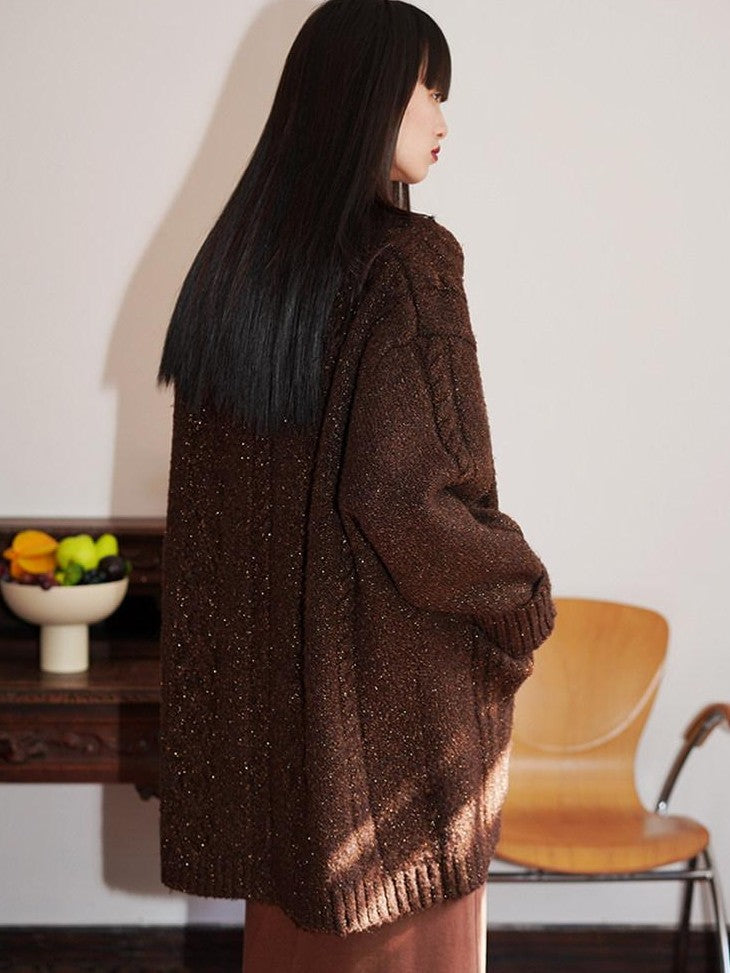 badtaste Western Special Yarn Shimmer Loose Round Neck Women's Knit Button-up Cardigans