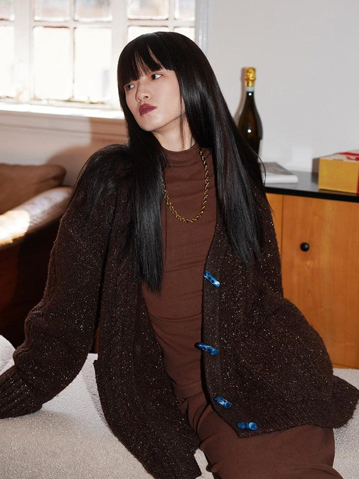 badtaste Western Special Yarn Shimmer Loose Round Neck Women's Knit Button-up Cardigans