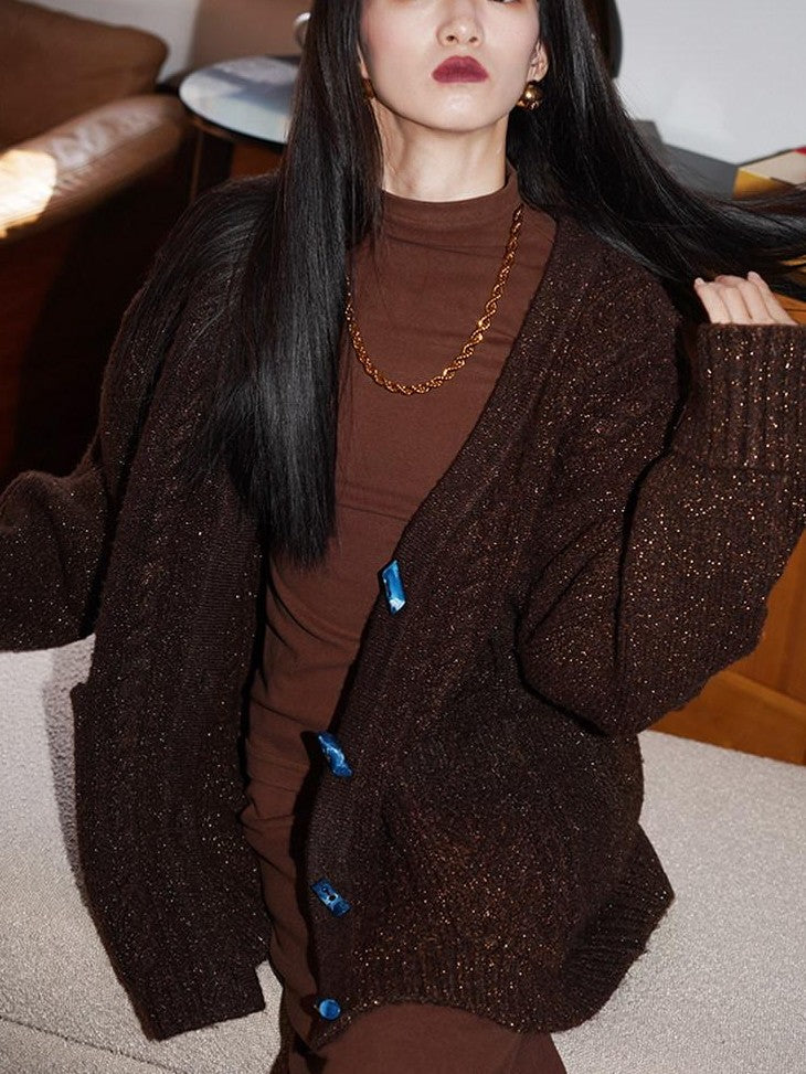 badtaste Western Special Yarn Shimmer Loose Round Neck Women's Knit Button-up Cardigans