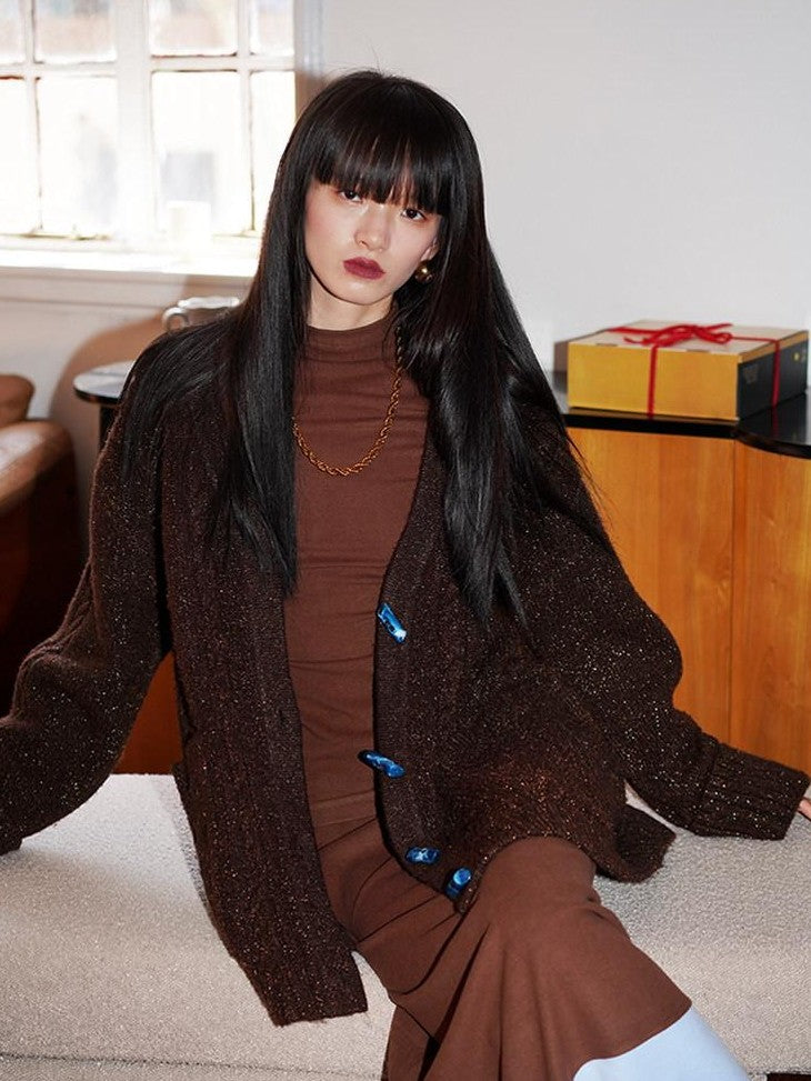 badtaste Western Special Yarn Shimmer Loose Round Neck Women's Knit Button-up Cardigans