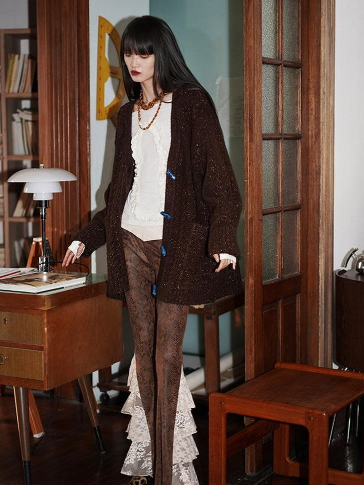 badtaste Western Special Yarn Shimmer Loose Round Neck Women's Knit Button-up Cardigans