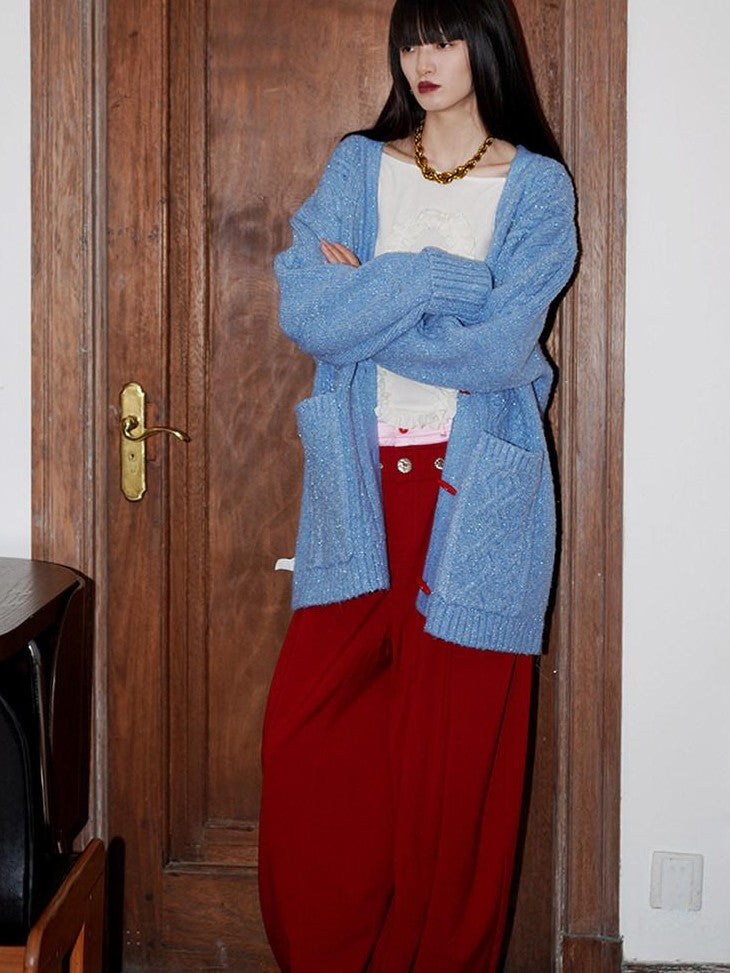 badtaste Western Special Yarn Shimmer Loose Round Neck Women's Knit Button-up Cardigans