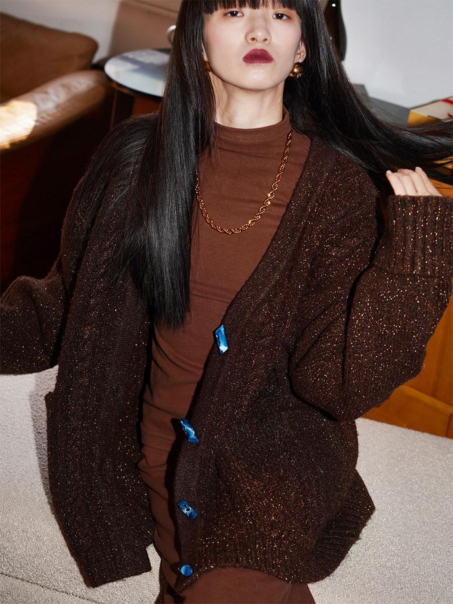 badtaste Western Special Yarn Shimmer Loose Round Neck Women's Knit Button-up Cardigans
