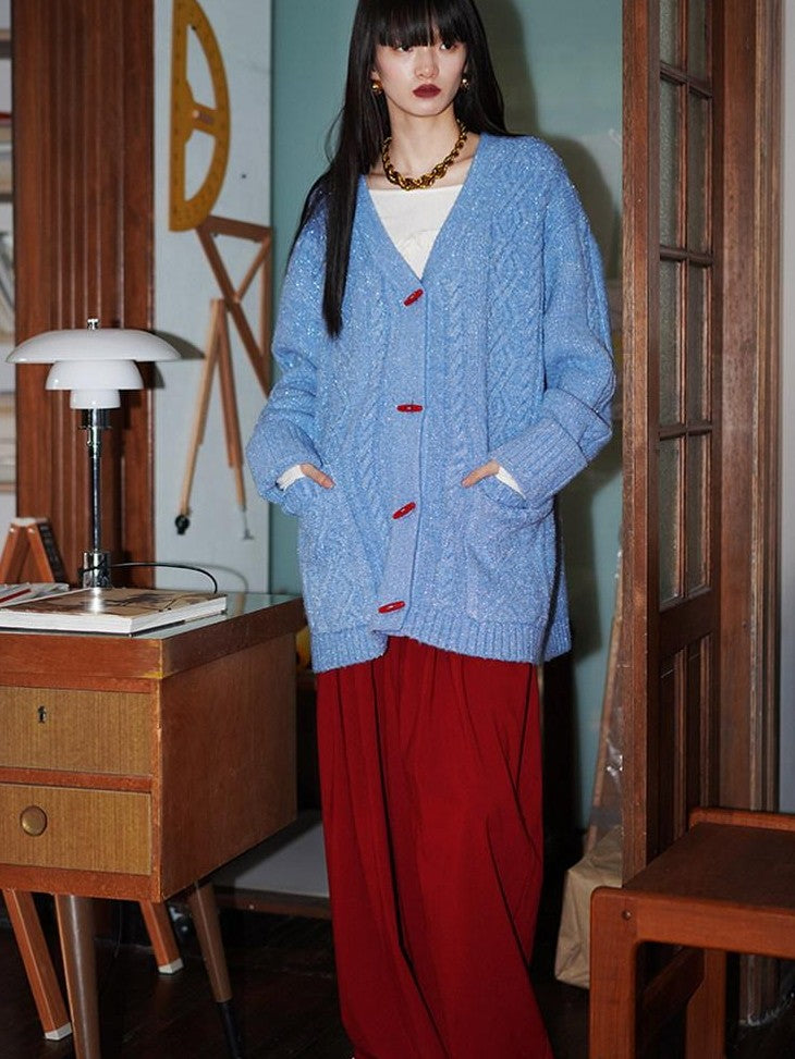 badtaste Western Special Yarn Shimmer Loose Round Neck Women's Knit Button-up Cardigans