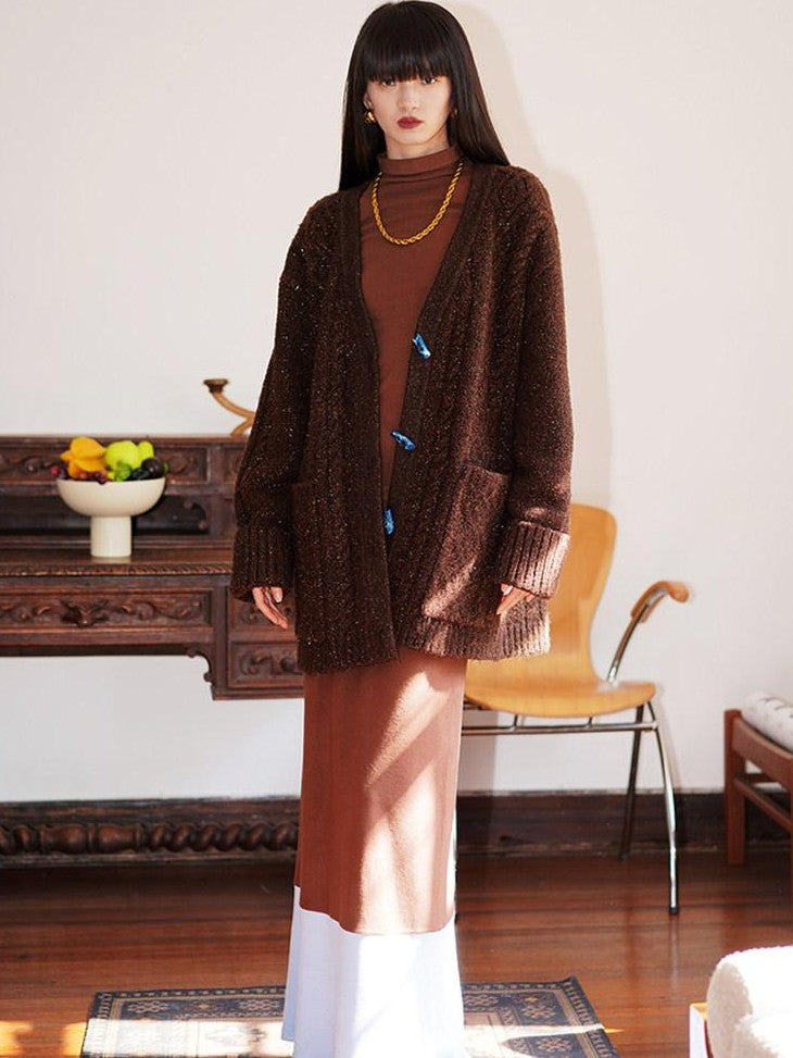 badtaste Western Special Yarn Shimmer Loose Round Neck Women's Knit Button-up Cardigans