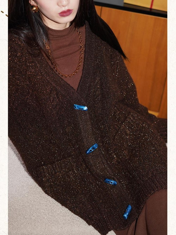 badtaste Western Special Yarn Shimmer Loose Round Neck Women's Knit Button-up Cardigans