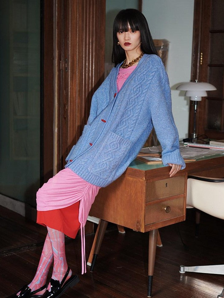 badtaste Western Special Yarn Shimmer Loose Round Neck Women's Knit Button-up Cardigans