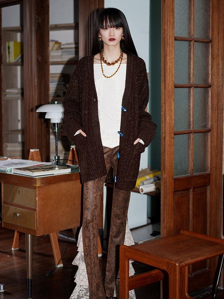badtaste Western Special Yarn Shimmer Loose Round Neck Women's Knit Button-up Cardigans