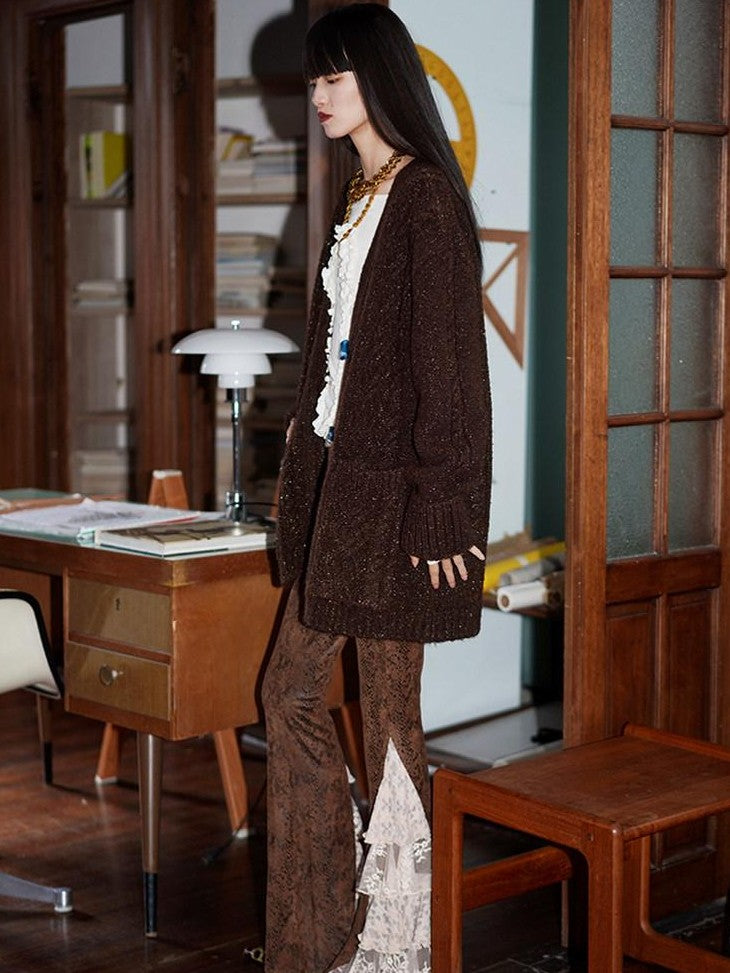 badtaste Western Special Yarn Shimmer Loose Round Neck Women's Knit Button-up Cardigans