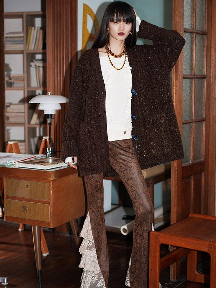 badtaste Western Special Yarn Shimmer Loose Round Neck Women's Knit Button-up Cardigans