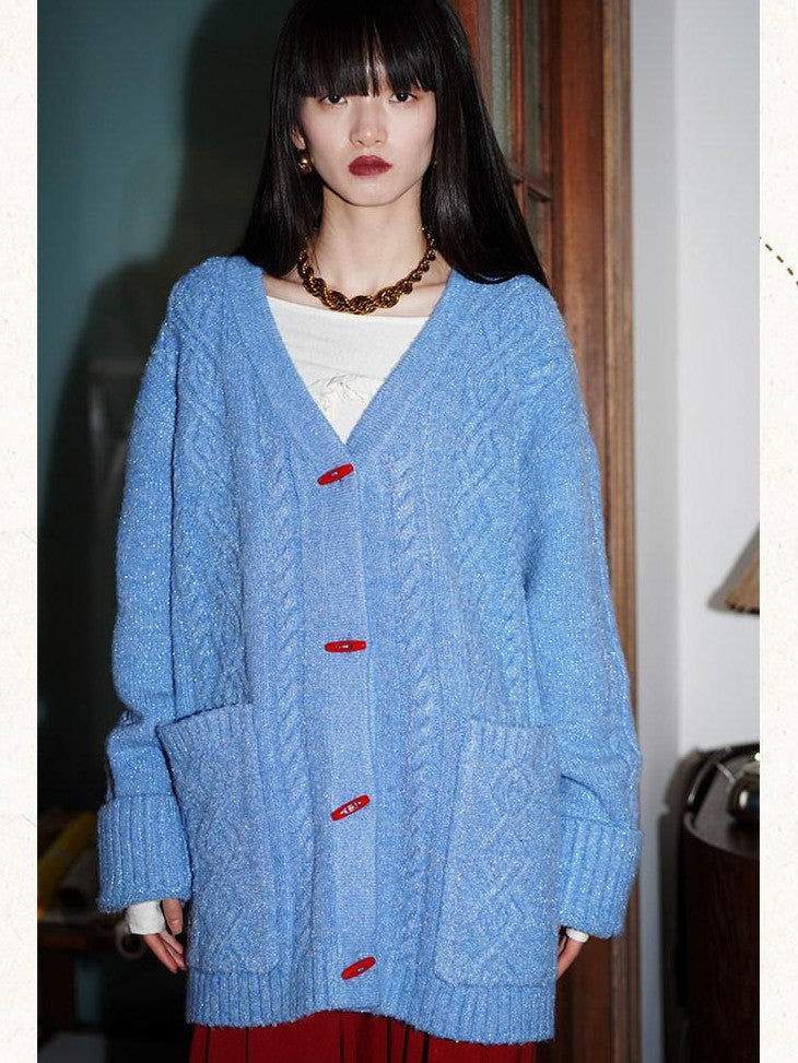 badtaste Western Special Yarn Shimmer Loose Round Neck Women's Knit Button-up Cardigans