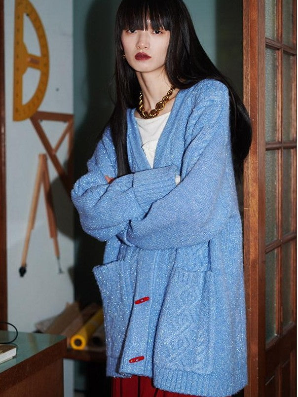 badtaste Western Special Yarn Shimmer Loose Round Neck Women's Knit Button-up Cardigans