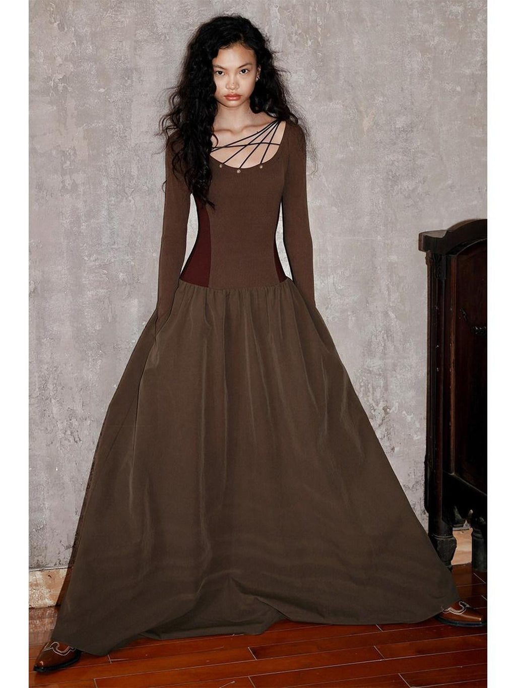badtaste Western Splice Solid Cutout Tie Up Slimming Women's Casual Maxi Dresses