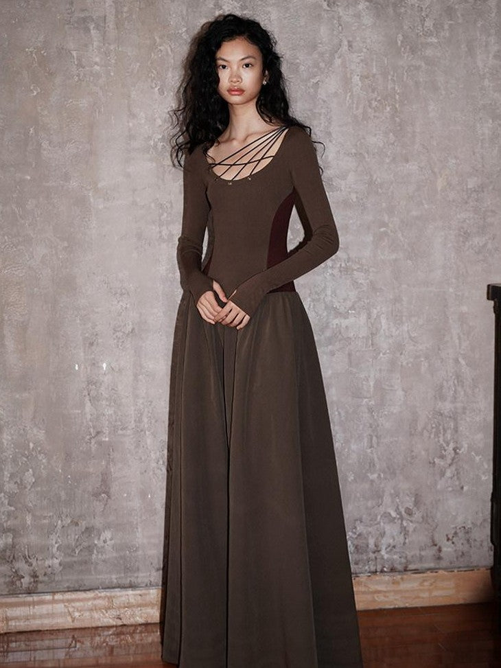 badtaste Western Splice Solid Cutout Tie Up Slimming Women's Casual Maxi Dresses