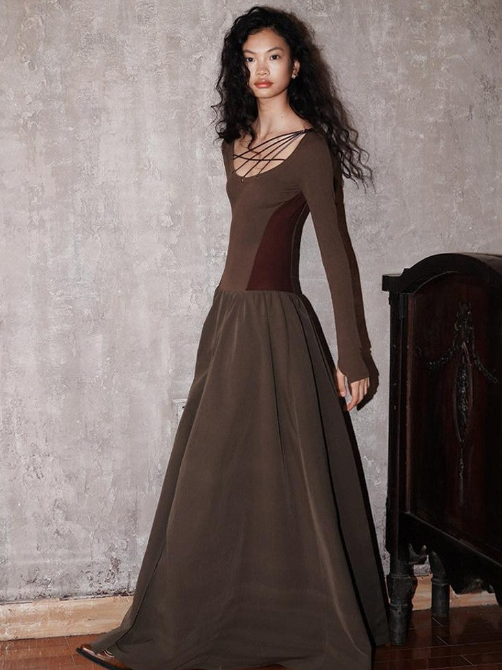 badtaste Western Splice Solid Cutout Tie Up Slimming Women's Casual Maxi Dresses