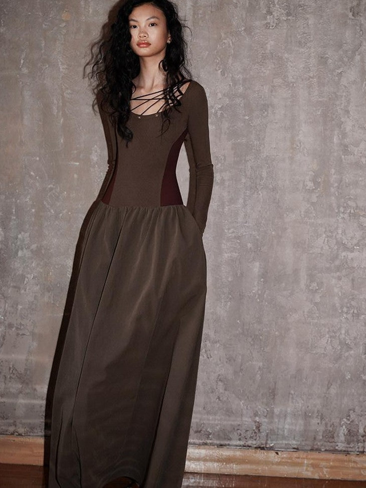 badtaste Western Splice Solid Cutout Tie Up Slimming Women's Casual Maxi Dresses