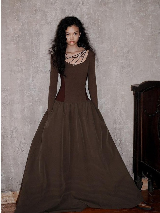 badtaste Western Splice Solid Cutout Tie Up Slimming Women's Casual Maxi Dresses