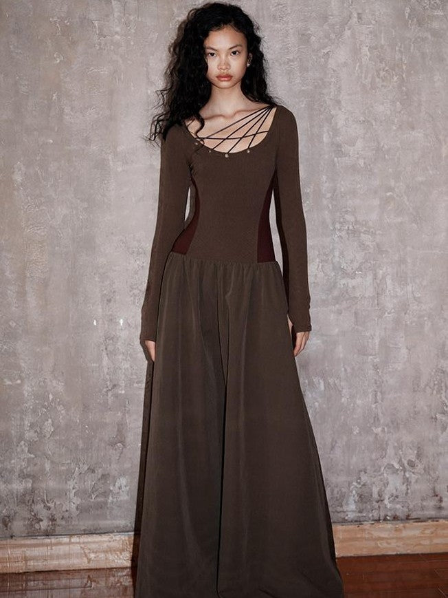 badtaste Western Splice Solid Cutout Tie Up Slimming Women's Casual Maxi Dresses