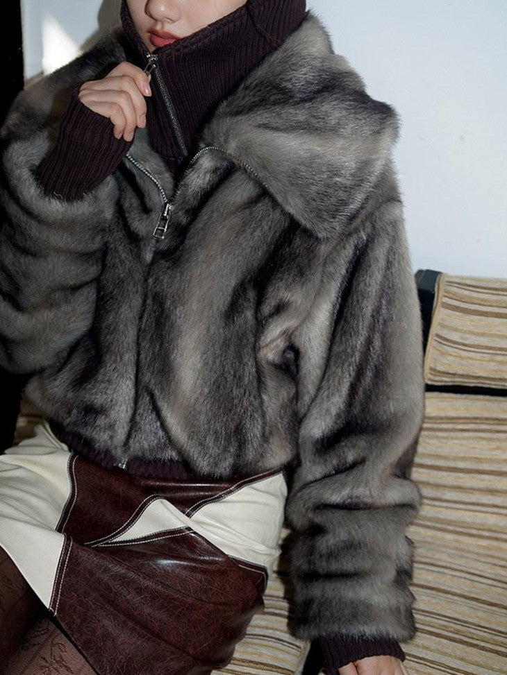 badtaste Western Spliced Short Faux Two Piece Thick Women's Faux Fur Coats