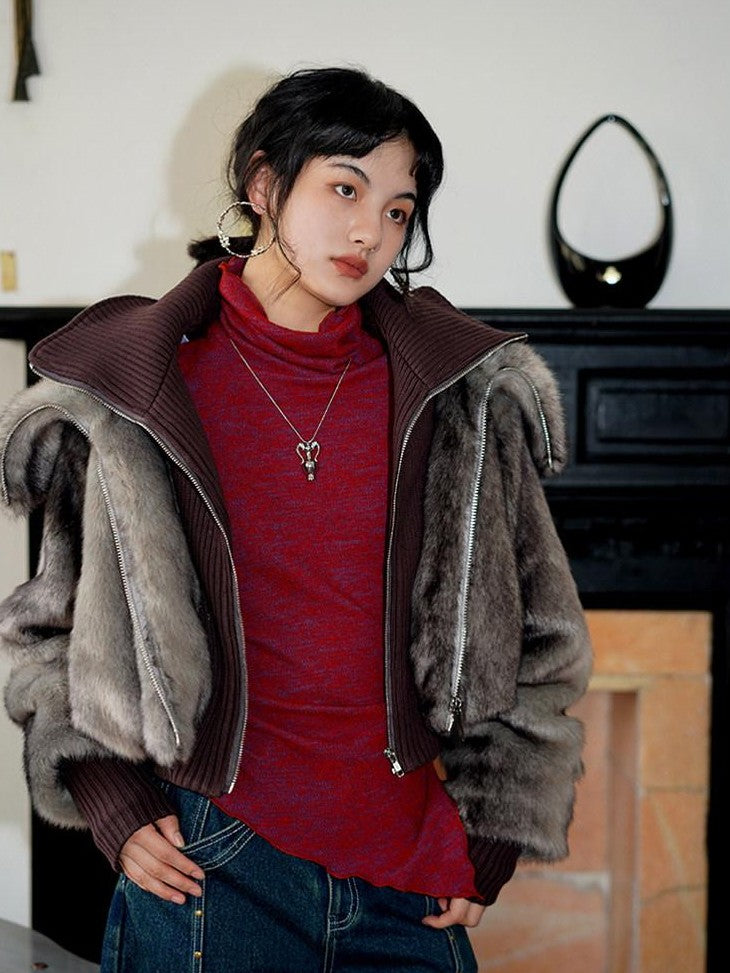 badtaste Western Spliced Short Faux Two Piece Thick Women's Faux Fur Coats
