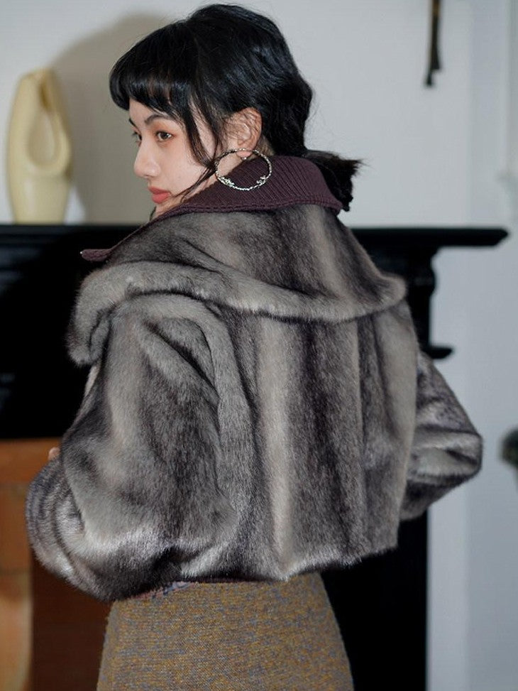 badtaste Western Spliced Short Faux Two Piece Thick Women's Faux Fur Coats