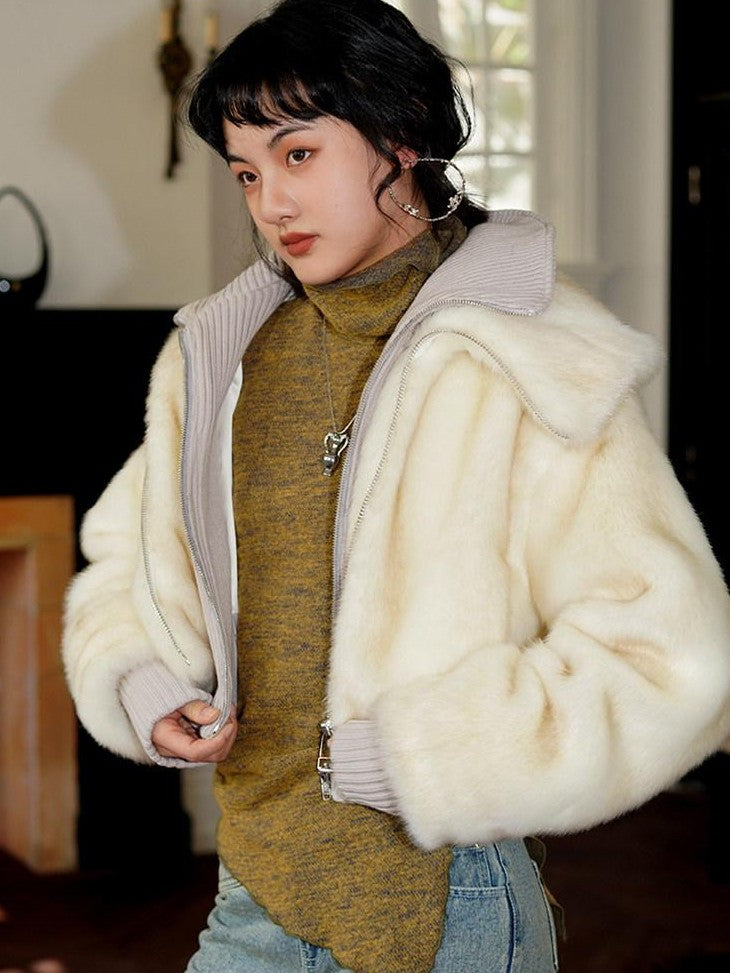 badtaste Western Spliced Short Faux Two Piece Thick Women's Faux Fur Coats