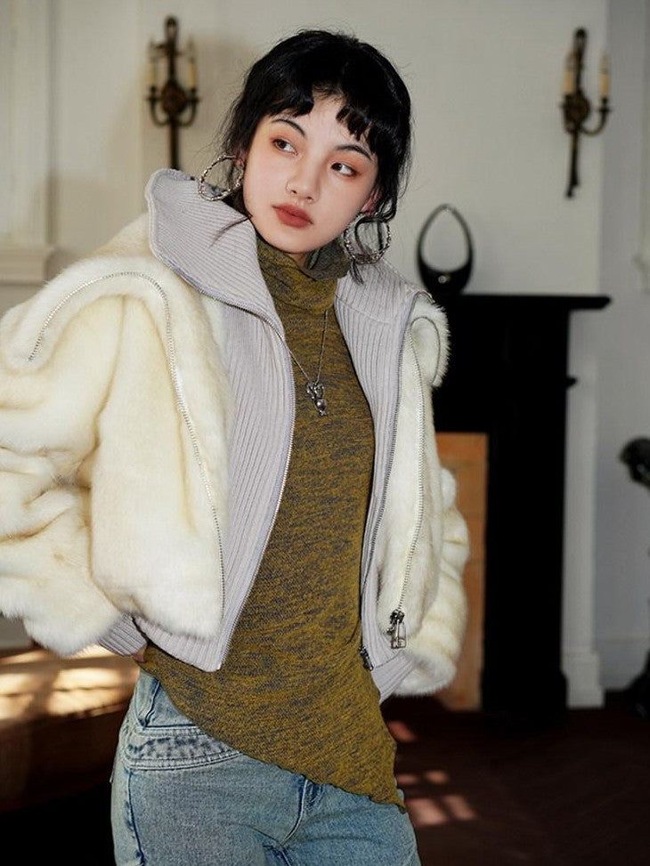 badtaste Western Spliced Short Faux Two Piece Thick Women's Faux Fur Coats