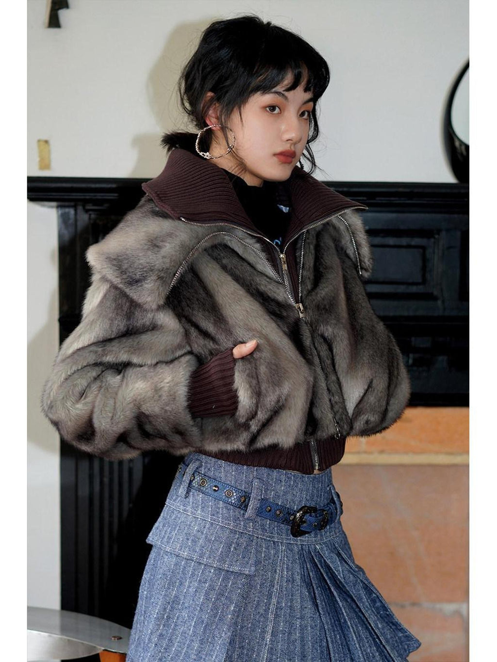 badtaste Western Spliced Short Faux Two Piece Thick Women's Faux Fur Coats