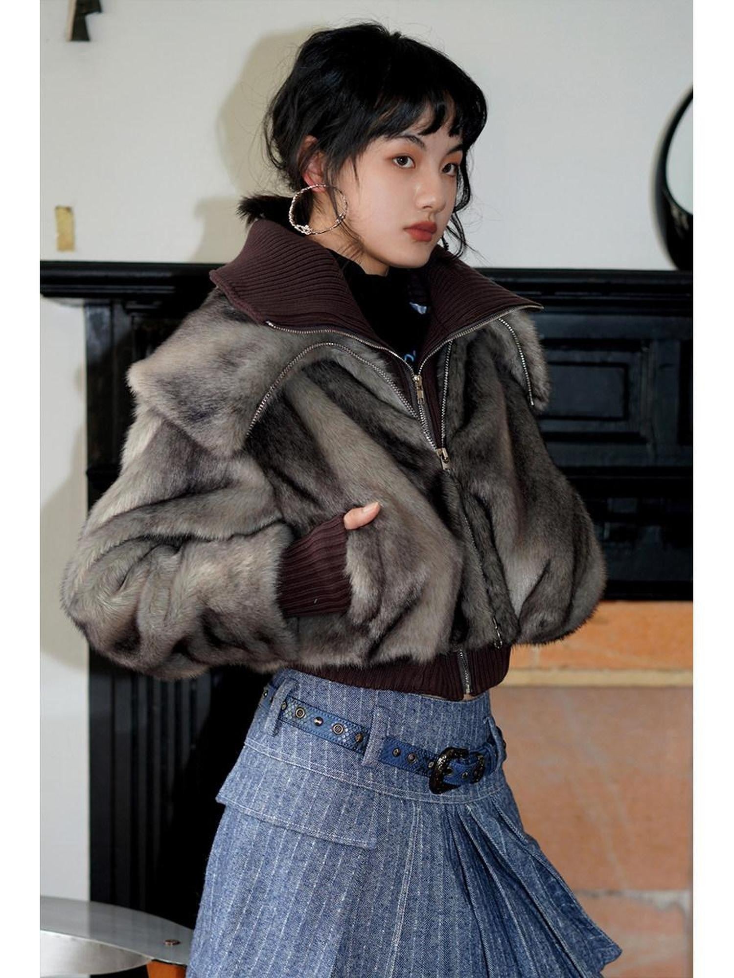 badtaste Western Spliced Short Faux Two Piece Thick Women's Faux Fur Coats