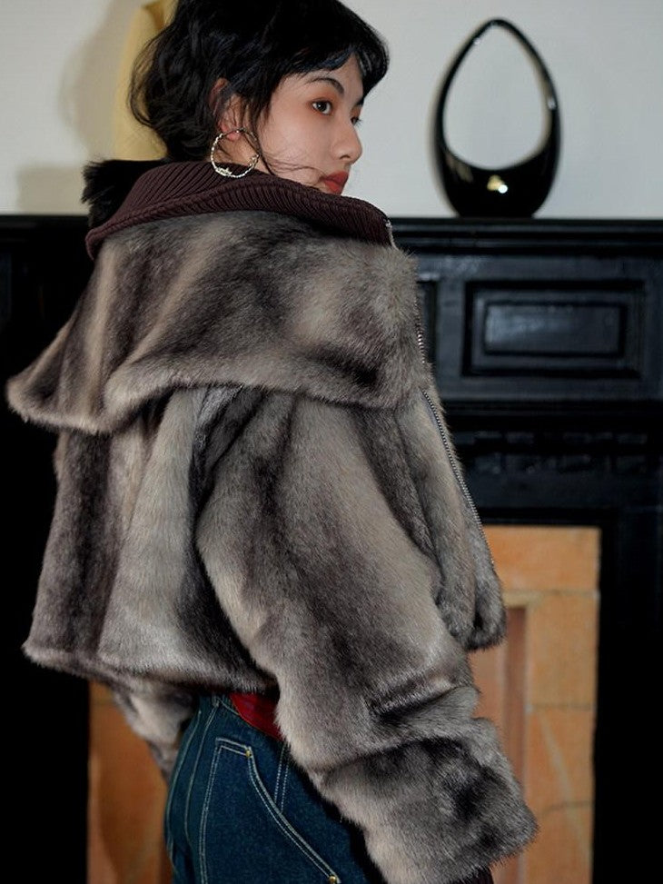 badtaste Western Spliced Short Faux Two Piece Thick Women's Faux Fur Coats