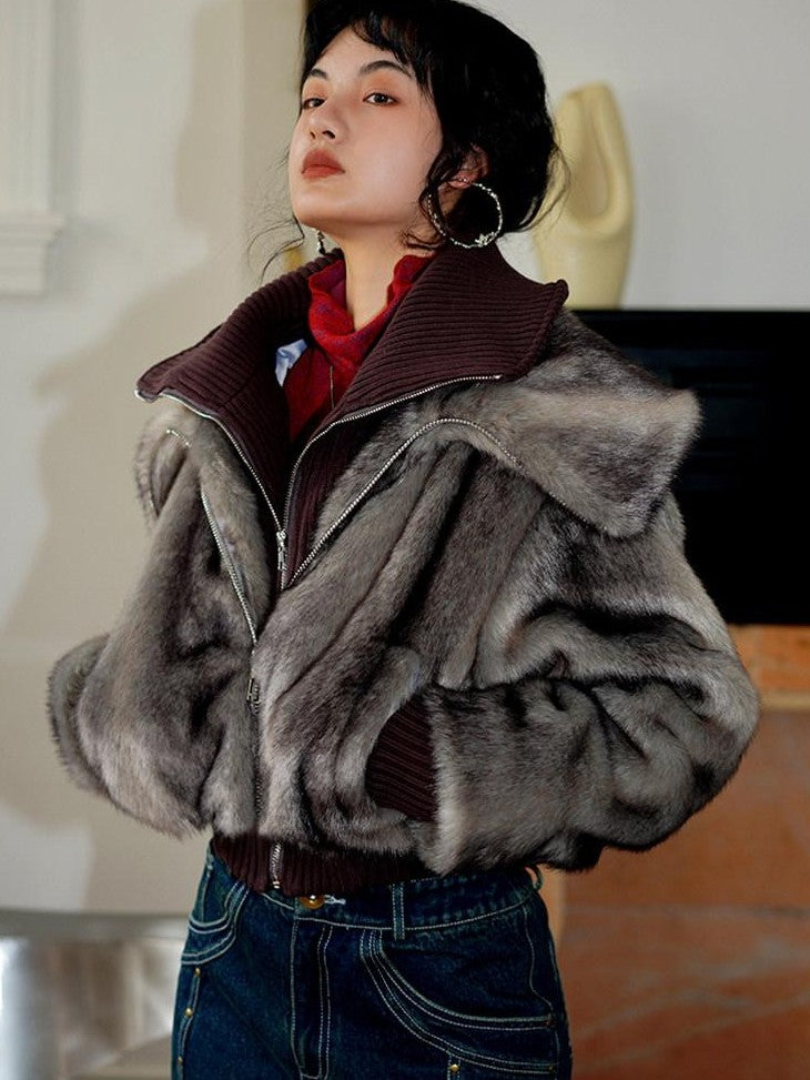 badtaste Western Spliced Short Faux Two Piece Thick Women's Faux Fur Coats
