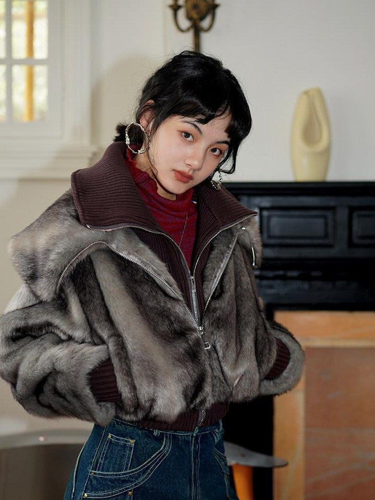 badtaste Western Spliced Short Faux Two Piece Thick Women's Faux Fur Coats
