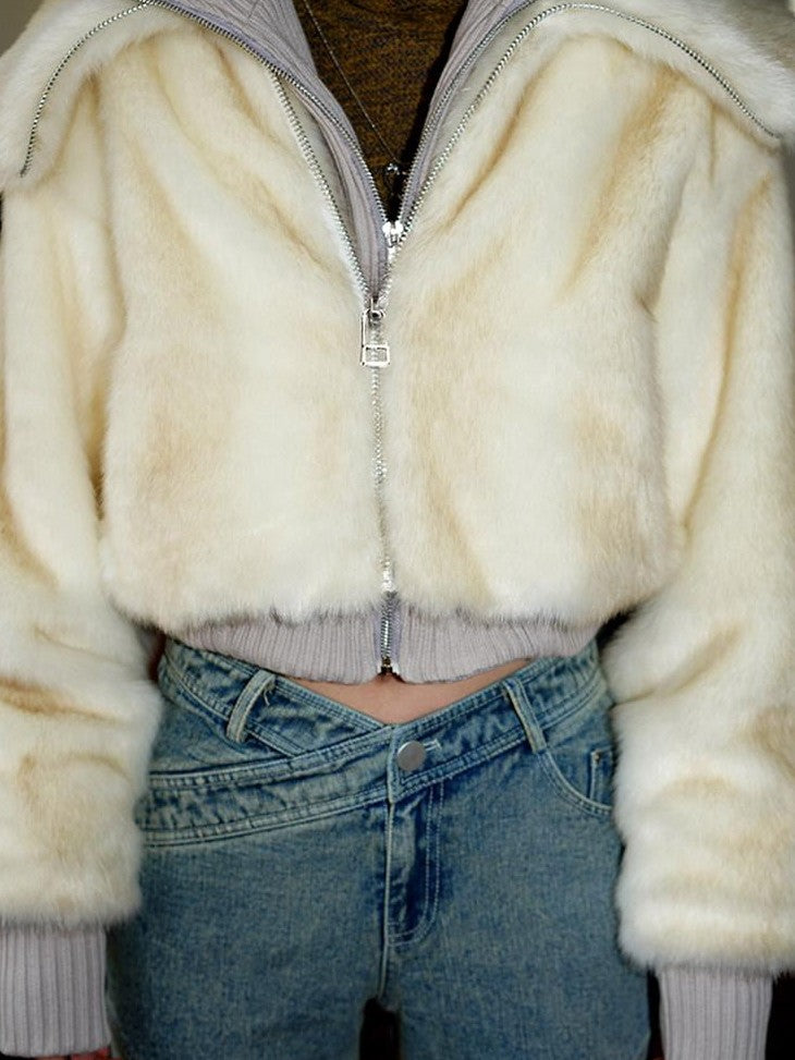 badtaste Western Spliced Short Faux Two Piece Thick Women's Faux Fur Coats