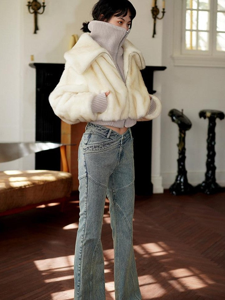 badtaste Western Spliced Short Faux Two Piece Thick Women's Faux Fur Coats
