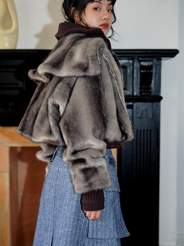badtaste Western Spliced Short Faux Two Piece Thick Women's Faux Fur Coats