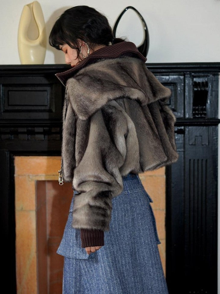 badtaste Western Spliced Short Faux Two Piece Thick Women's Faux Fur Coats