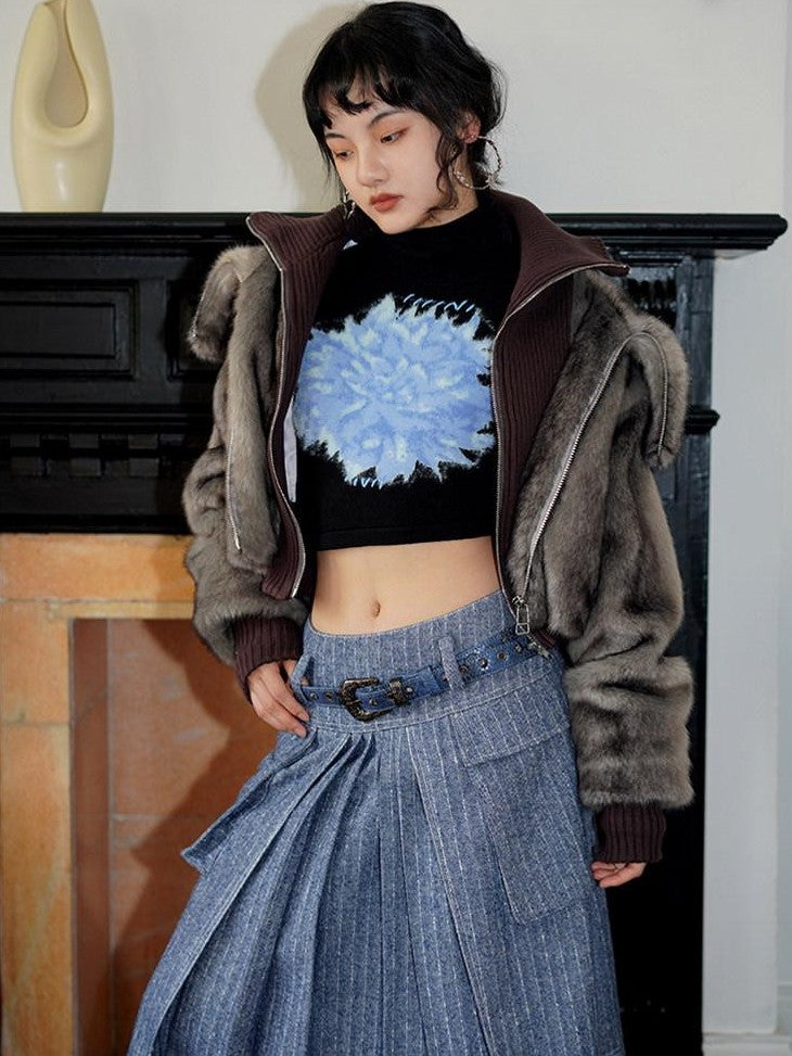 badtaste Western Spliced Short Faux Two Piece Thick Women's Faux Fur Coats