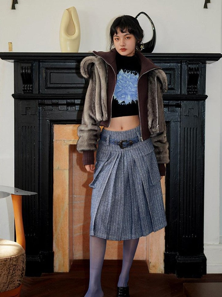 badtaste Western Spliced Short Faux Two Piece Thick Women's Faux Fur Coats