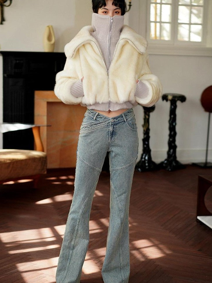 badtaste Western Spliced Short Faux Two Piece Thick Women's Faux Fur Coats