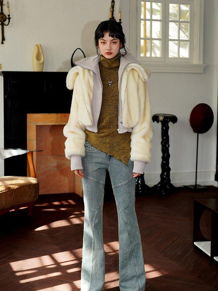 badtaste Western Spliced Short Faux Two Piece Thick Women's Faux Fur Coats