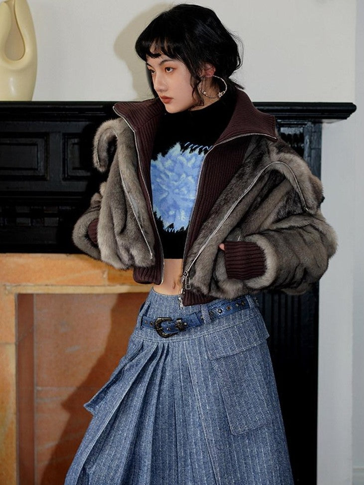 badtaste Western Spliced Short Faux Two Piece Thick Women's Faux Fur Coats